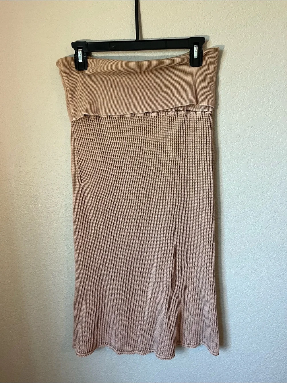 Free People FP One Thermal Waffle Knit Maxi Skirt Large Taupe Foldover Boho Fall